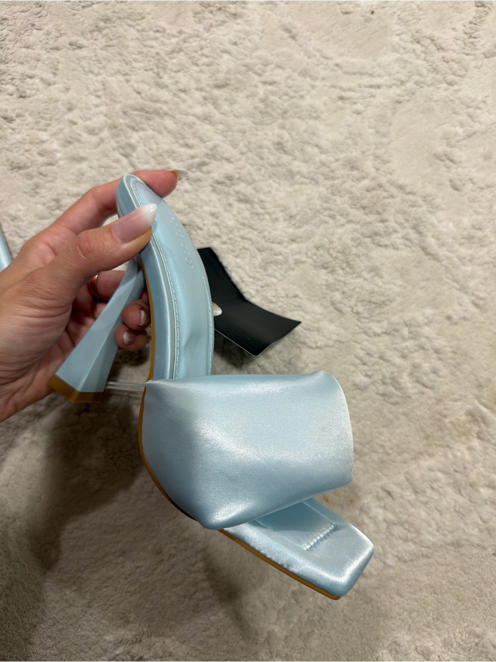 Light Blue Satin Square-Toe High Heel Mule